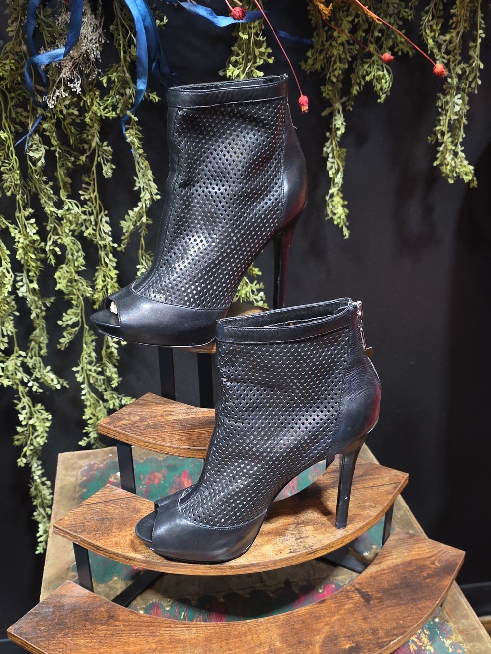 BCBGirls Black Peep-Toe Perforated Leather Ankle Booties
